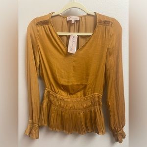 Philosophy gold v neck rouged long sleeved shirt